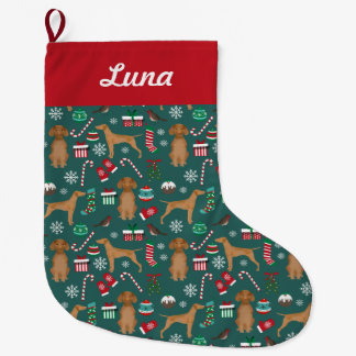 Vizsla Christmas Dogs Festive Green Red Cuff Name Large Christmas Stocking