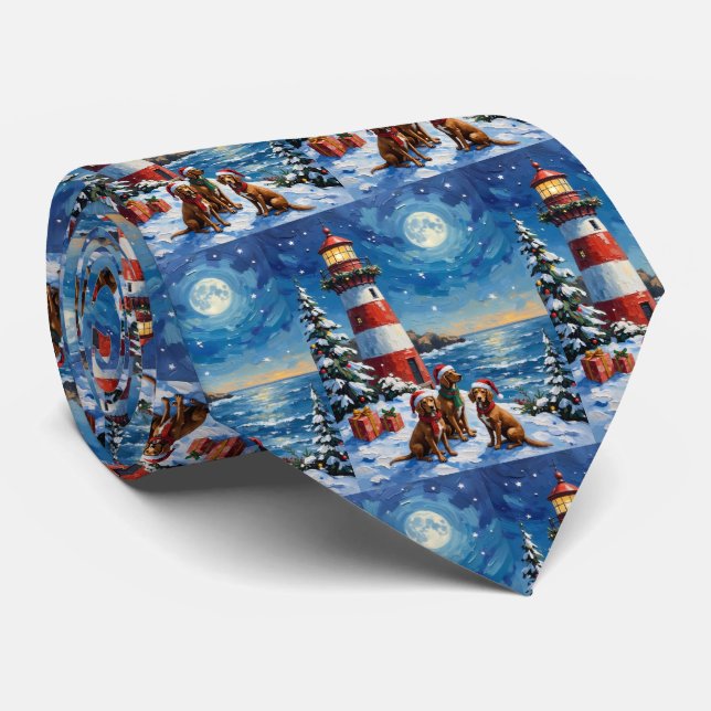 Vizsla Christmas Lighthouse Holiday Tie (Rolled)