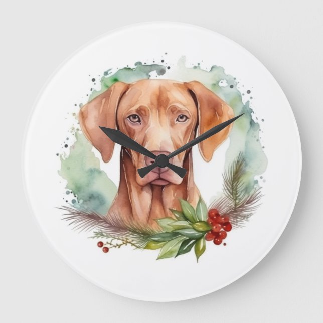 Vizsla Christmas Wreath Festive Pup  Large Clock (Front)