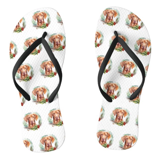 Vizsla Christmas Wreath Festive Pup  Thongs (Footbed)