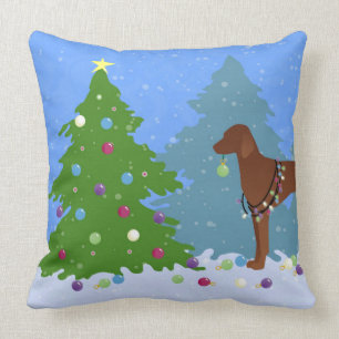 Vizsla Decorating a Christmas Tree in the Forest Cushion