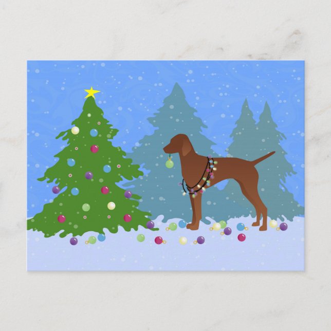 Vizsla Decorating a Christmas Tree in the Forest Holiday Postcard (Front)