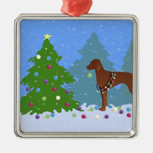 Vizsla Decorating a Christmas Tree in the Forest Metal Tree Decoration
