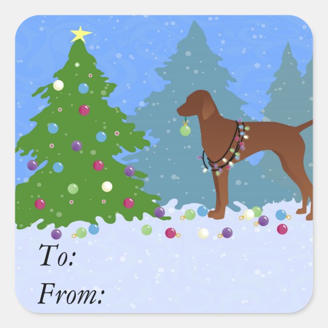 Vizsla Decorating a Christmas Tree in the Forest Square Sticker (Front)