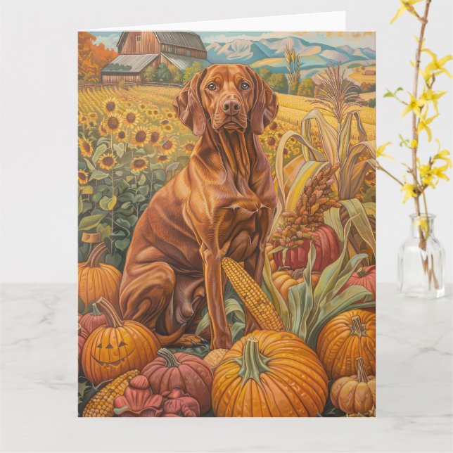 Vizsla Dog Autumn Harvest Thanksgiving Card (Yellow Flower)