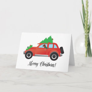 Vizsla Dog Driving a Christmas Car Holiday Card