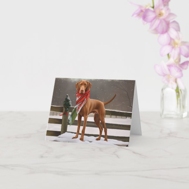 Vizsla Dog in Snow Christmas Card (Orchid)