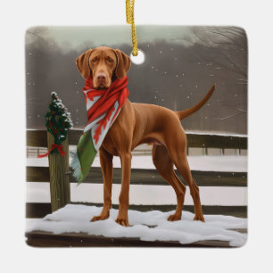 Vizsla Dog in Snow Christmas Ceramic Ornament