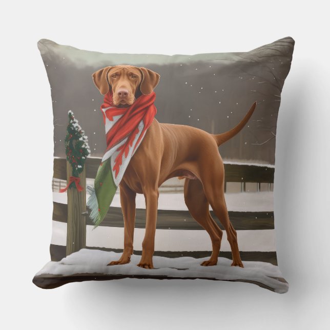 Vizsla Dog in Snow Christmas Cushion (Front)