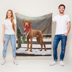Vizsla Dog in Snow Christmas Fleece Blanket