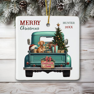 Vizsla Dog Retro Truck Christmas Ceramic Ornament