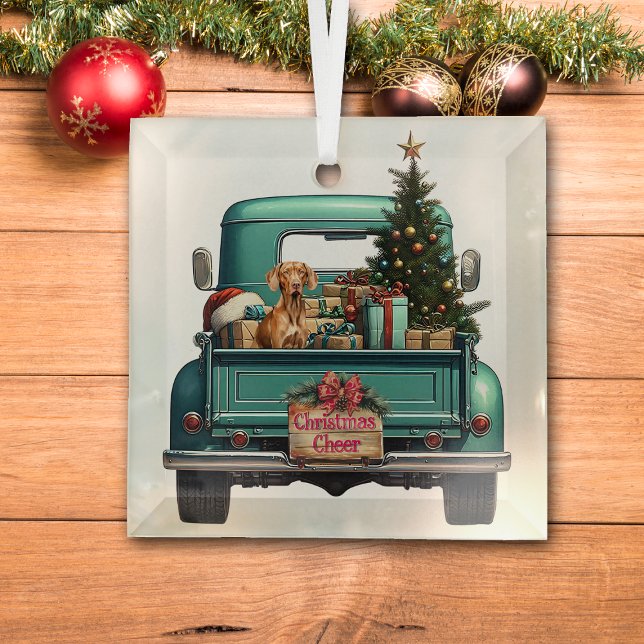 Vizsla Dog Retro Truck Christmas Glass Tree Decoration (Creator Uploaded)