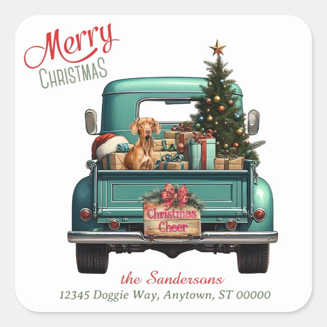 Vizsla Dog Retro Truck Christmas Square Sticker (Front)