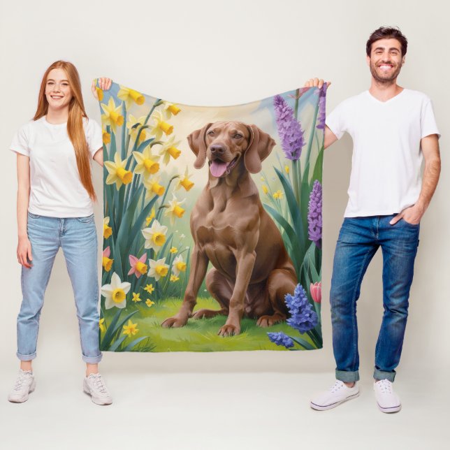 Vizsla Dog Spring Flowers Painting Fleece Blanket (In Situ)