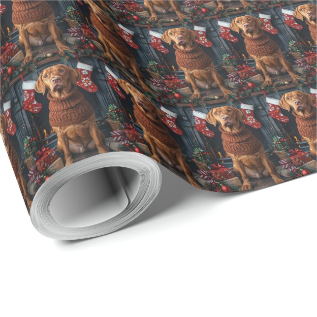 Vizsla Dog With Christmas Gifts Fireplace Wrapping Paper (Roll Corner)