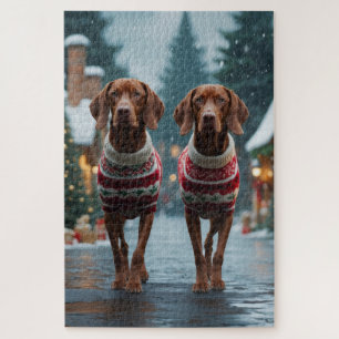 Vizsla Dogs Christmas Snow Holiday Jigsaw Puzzle