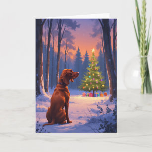 Vizsla Gazing at Christmas Tree in Snowy Forest Card