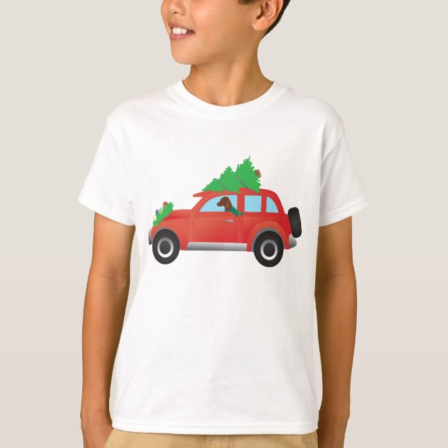 Vizsla Hunting Dog Driving a Christmas Car T-Shirt (Front)
