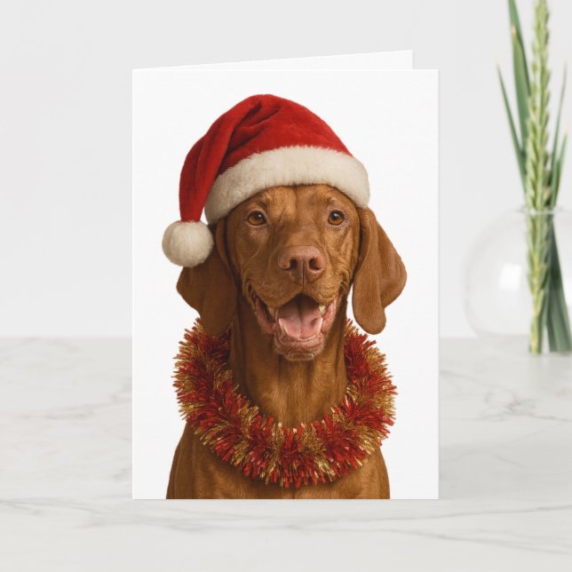 Vizsla in a Santa hat Christmas card (Front)