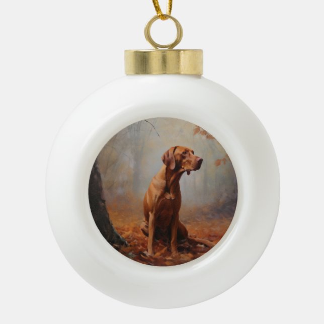 Vizsla in Autumn Leaves Fall Inspire Ceramic Ball Christmas Ornament (Front)
