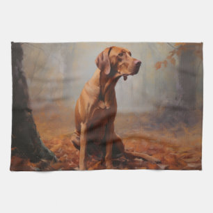Vizsla in Autumn Leaves Fall Inspire Tea Towel