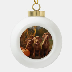 Vizsla Puppy Autumn Delight Pumpkin Ceramic Ball Christmas Ornament