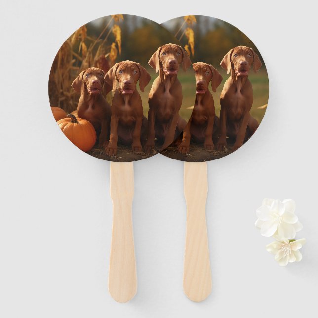 Vizsla Puppy Autumn Delight Pumpkin Hand Fan (Front and Back)