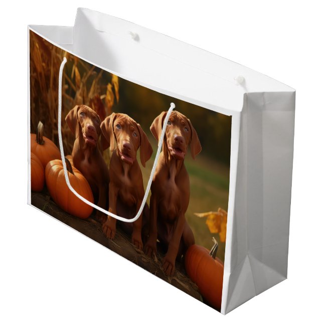 Vizsla Puppy Autumn Delight Pumpkin Large Gift Bag (Front Angled)