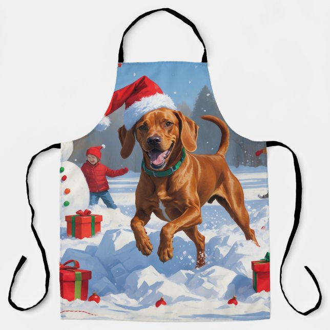 Vizsla Running in Snow with Christmas Hat Apron (Front)