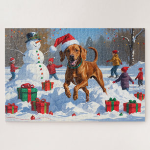 Vizsla Running in Snow with Christmas Hat Jigsaw Puzzle