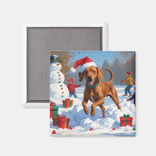 Vizsla Running in Snow with Christmas Hat Magnet