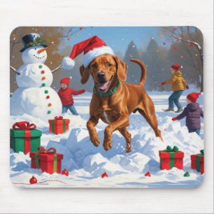 Vizsla Running in Snow with Christmas Hat Mouse Pad