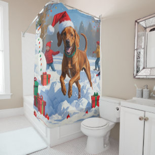 Vizsla Running in Snow with Christmas Hat Shower Curtain
