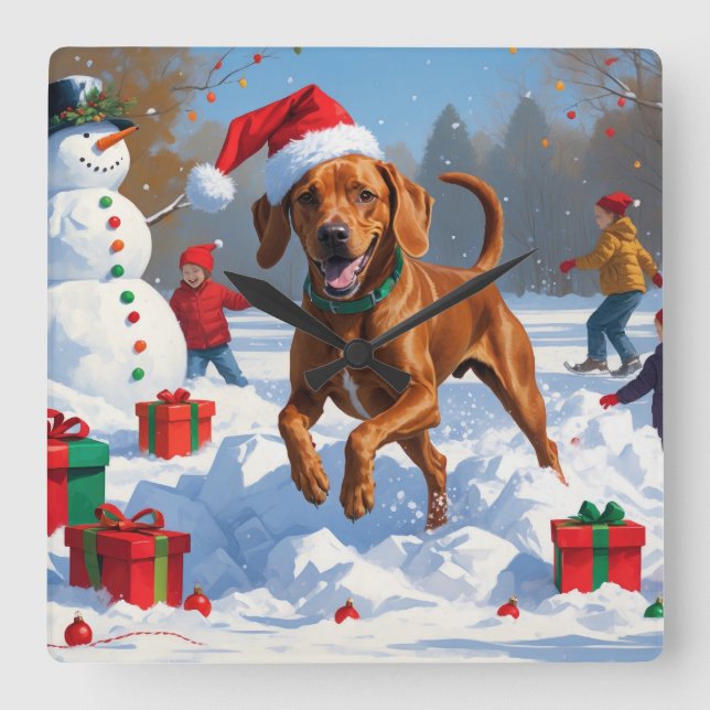 Vizsla Running in Snow with Christmas Hat Square Wall Clock (Front)