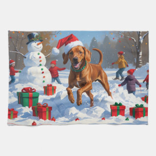 Vizsla Running in Snow with Christmas Hat Tea Towel