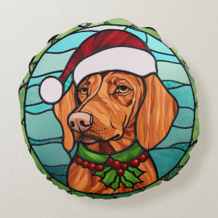 Vizsla Stained Glass Christmas  Round Cushion