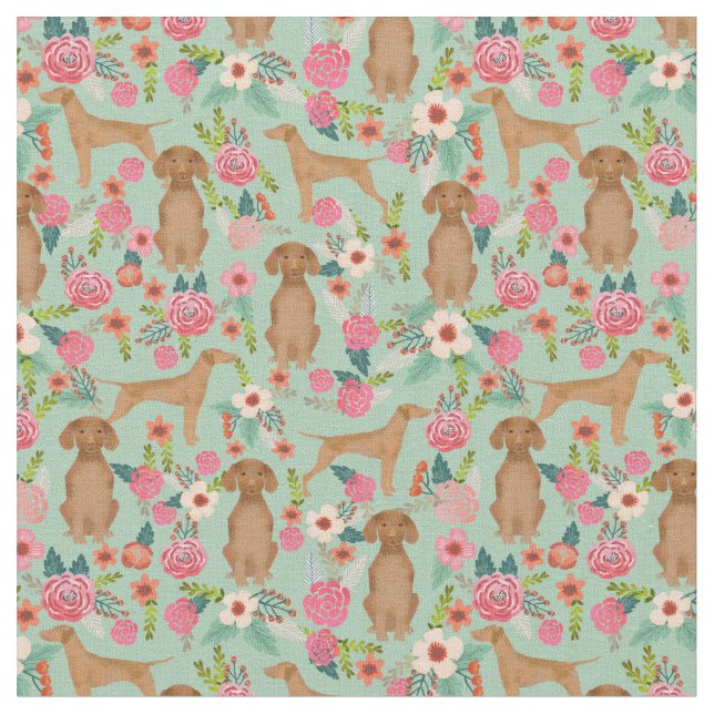 Vizsla vintage florals mint fabric (Close Up)
