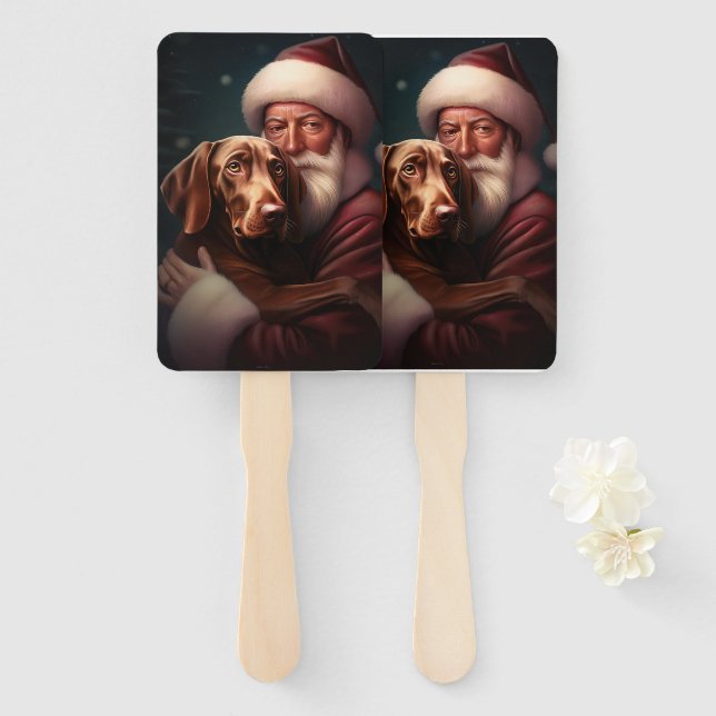 Vizsla With Santa Claus Festive Christmas Hand Fan (Front and Back)