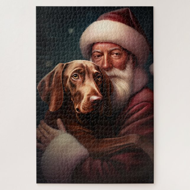 Vizsla With Santa Claus Festive Christmas Jigsaw Puzzle (Vertical)