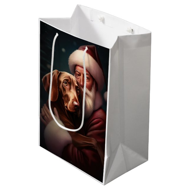 Vizsla With Santa Claus Festive Christmas Medium Gift Bag (Front Angled)