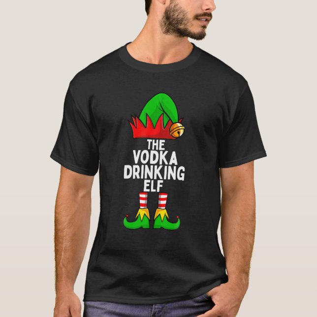 Vodka Drinking Elf Matching Family Christmas T-Shirt (Front)