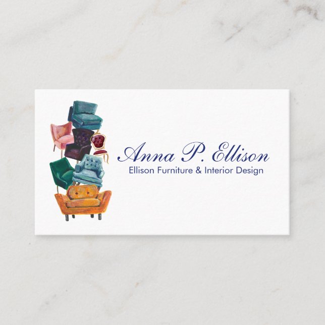 Vogue & Trendy Stacked Chairs Illustration Business Card (Front)