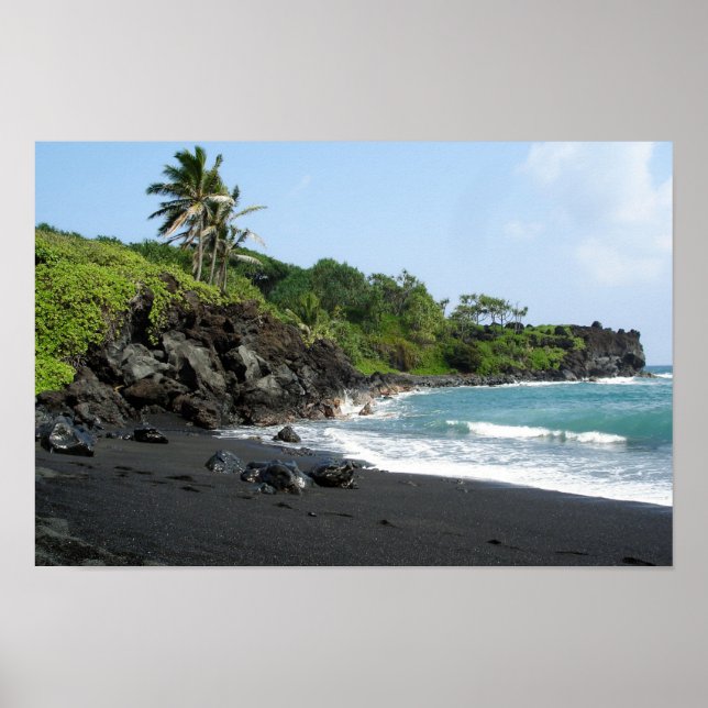 Volcanic black sand beach on Hawaii poster (Front)