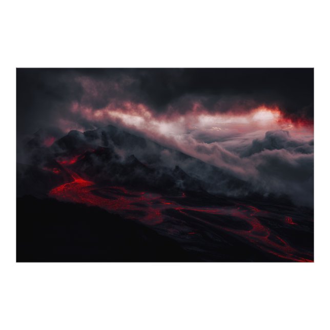 Volcanic Eruption Lava Rivers Night Landscape Photo Print (Front)