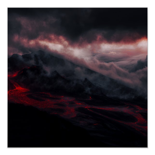Volcanic Eruption Lava Rivers Night Landscape Poster (Front)