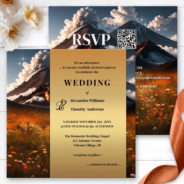 Volcano Adventure Gold Fall Wedding Invitation (Unique adventure destination wedding invitation featuring a volcano and colorful autumn flowers)
