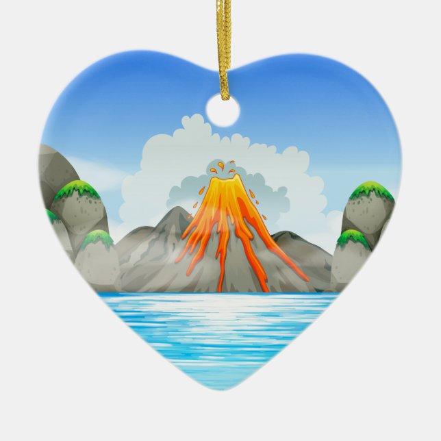 Volcano eruption at the lake ceramic ornament (Front)