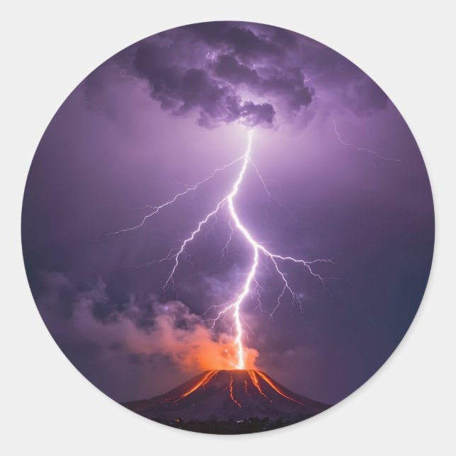 Volcano Lightning Eruption Dramatic Night Classic Round Sticker (Front)