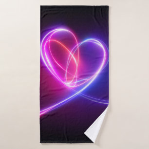 Volet pink neon light drawing. Abstract heart dood Bath Towel