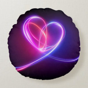 Volet pink neon light drawing. Abstract heart dood Round Cushion